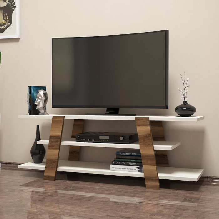 Hanah Home Soporte TV Nogal, Crema, Moderno, Novedoso. Mejora tu espacio vital con este soporte de TV fabricado en tablero de partículas de 18mm de grosor.